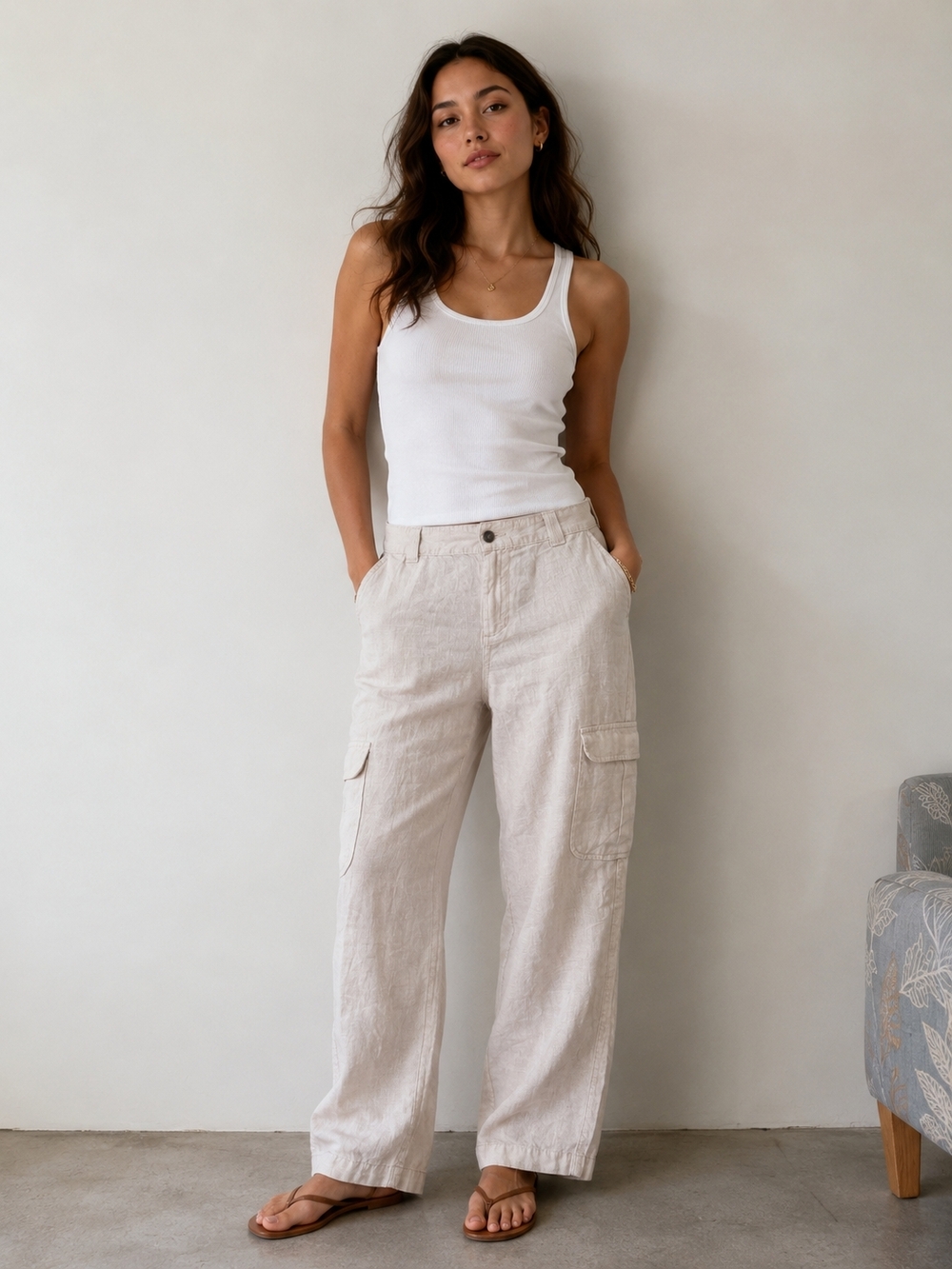 100%linen Rachael Ray Beige Wide-Leg Cargo Pants